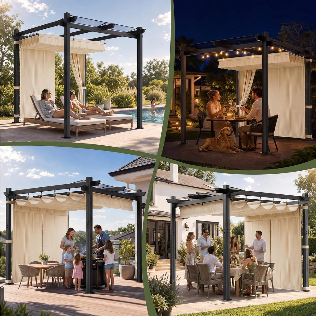 Pérgola de aluminio JUMMICO 3x3m, impermeable, estable y resistente al invierno, cenador de jardín con techo corredero y pared lateral, protección solar para jardín, terraza y balcón, protege del sol y la lluvia, duradera, beige