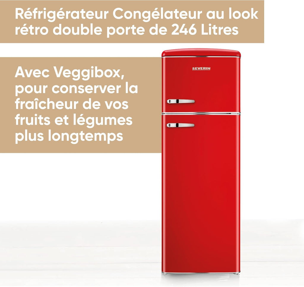 SEVERIN Frigorífico con congelador de 2 puertas, de libre instalación, Frigorífico de doble puerta con congelador, 55 cm de ancho, 246 L, Clase D, Estilo retro, Rojo, RKG 8983