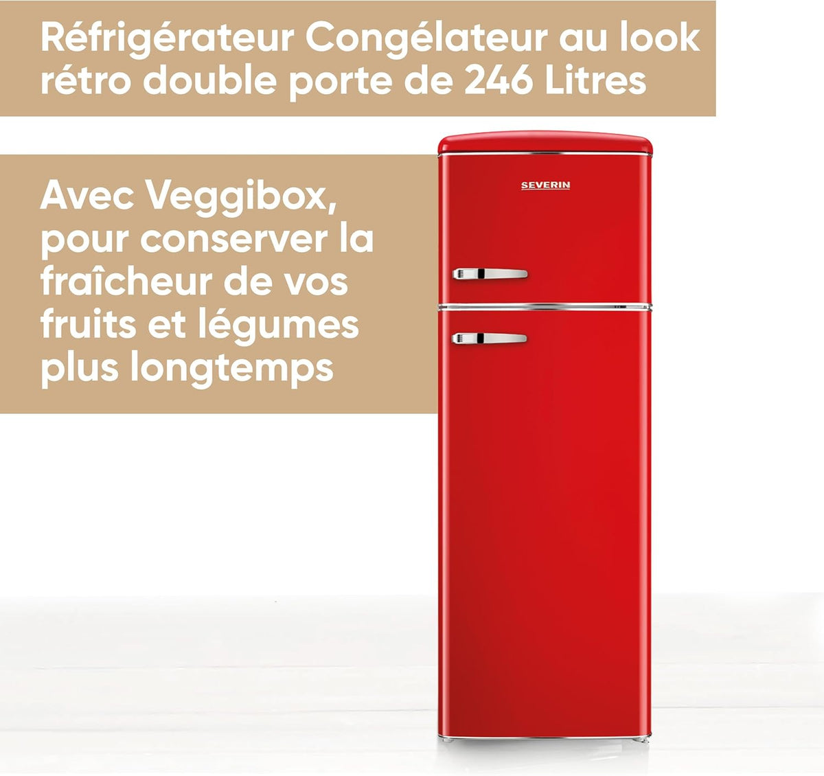 SEVERIN Frigorífico con congelador de 2 puertas, de libre instalación, Frigorífico de doble puerta con congelador, 55 cm de ancho, 246 L, Clase D, Estilo retro, Rojo, RKG 8983