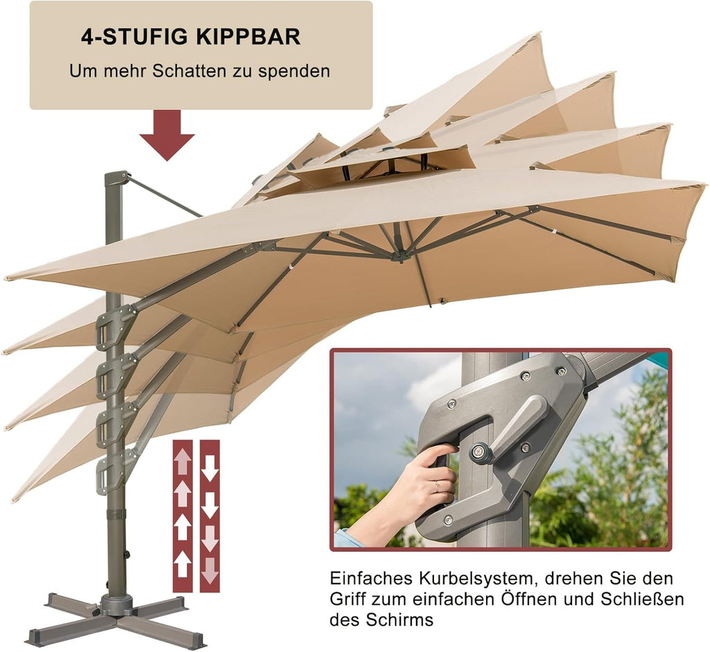 LKINBO Sombrilla rectangular de 300 x 400 cm con soporte y manivela, sombrilla de jardín grande tipo voladizo, giratoria 360°, resistente al viento, impermeable, para patio, terraza y exteriores, caqui