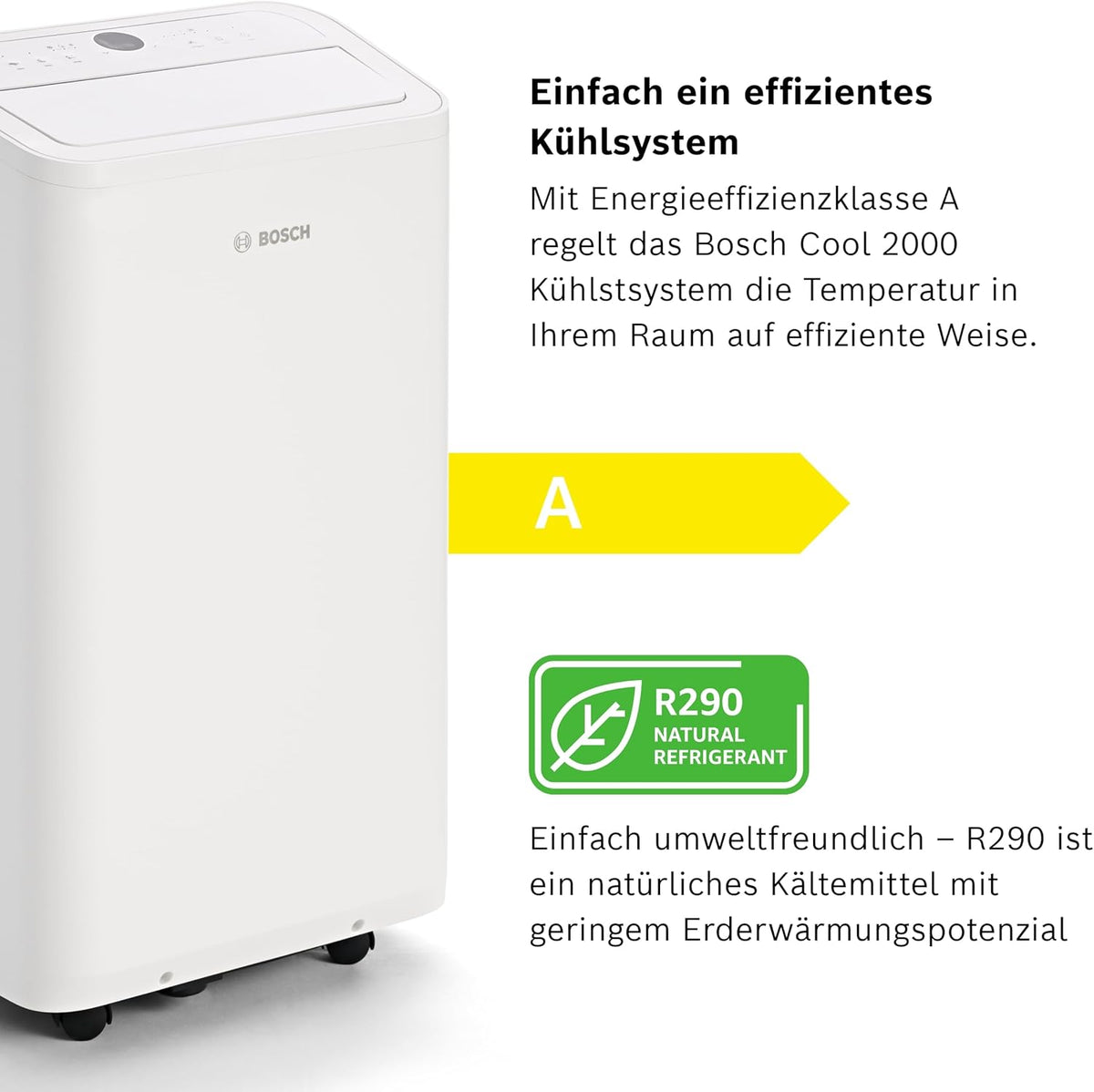 Acondicionador de aire móvil Bosch Cool 4000 - 3 en 1: aire acondicionado, deshumidificador, ventilador - 2,6 kW para habitaciones de hasta 35 m² - Con modo automático, modo silencioso y modo de suspensión