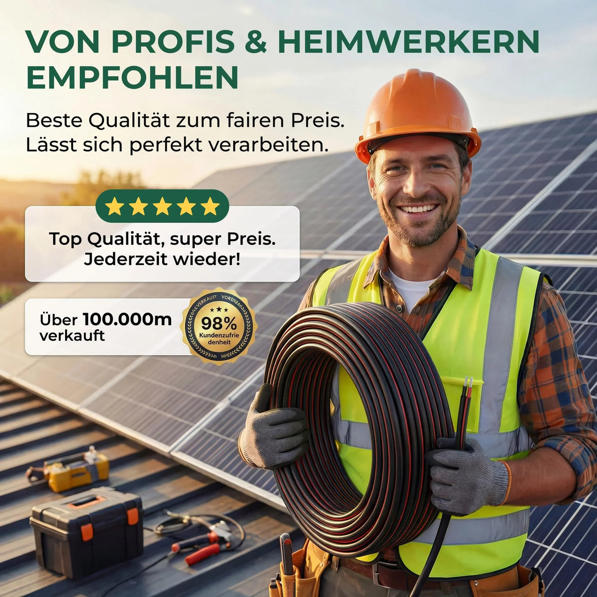 Cable solar fotovoltaico H1Z2Z2-K 6 mm² rollo de 100 m negro cobre 1500 V resistente a los rayos UV certificado por TÜV