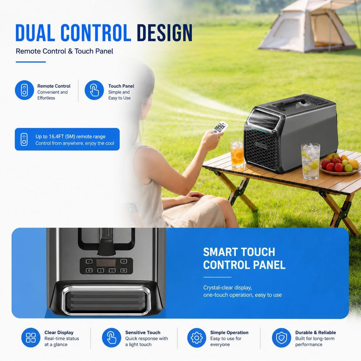 Aire acondicionado portátil, aire acondicionado de camping portátil de 3500 BTU con compresor real – Aire acondicionado de CC para caravana, tienda de campaña, furgoneta y cabina de camión – con deshumidificación, modo de reposo y control remoto, gris