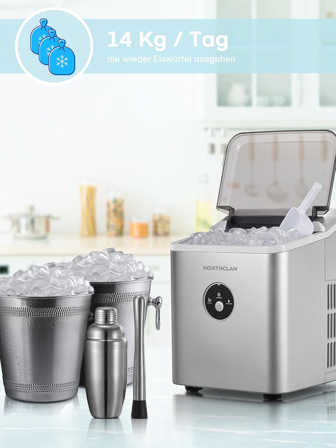 Máquina de hielo ganadora del test 2025, 14 kg en 24 horas, 9 cubitos de hielo en 6-8 minutos, funcionamiento silencioso, fabricador de hielo de 120W con pala y cesta, máquina de hielo pequeña para el hogar, oficina