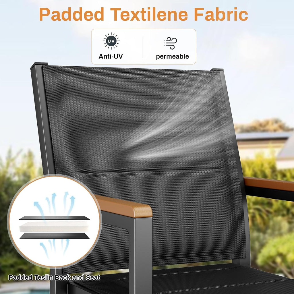 LIFERUN Set de 6 sillas de jardín, aluminio, con respaldo y asiento acolchados, silla de comedor apilable, reposabrazos de WPC, sillas de balcón, para terraza, balcón, patio, piscina, restaurantes, negro, 6 piezas