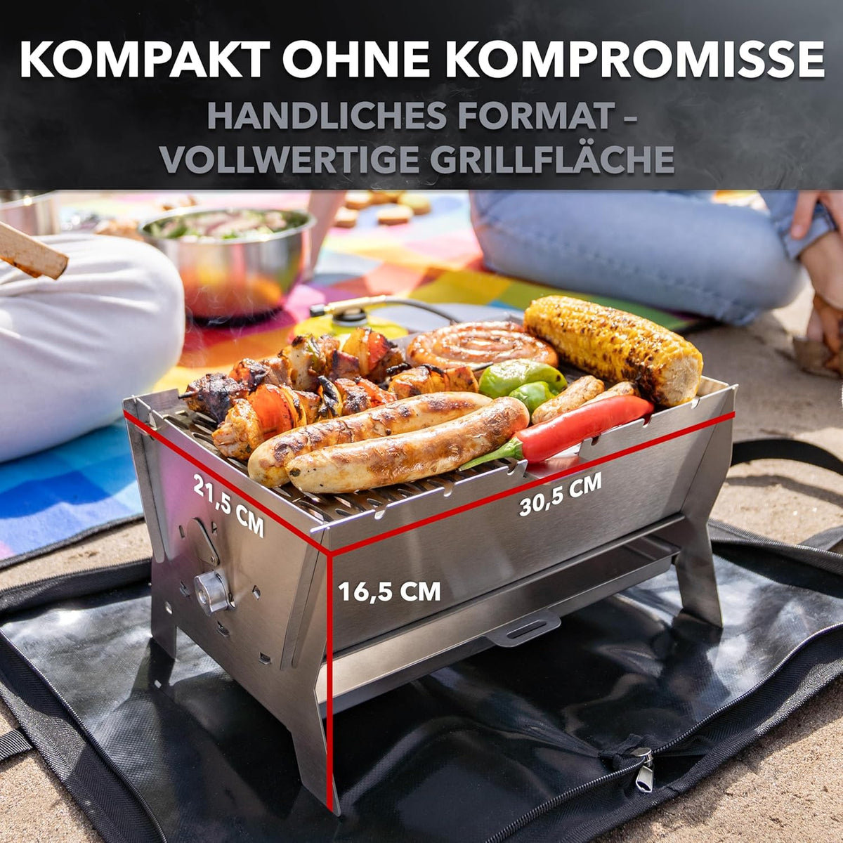Parrilla | Parrilla de gas enchufable móvil – Parrilla portátil de acero inoxidable con sistema de montaje – Funcionamiento a gas y carbón – Incluye bolsa de transporte – Perfecta para camping, balcón, jardín y exteriores - Parrilla de camping