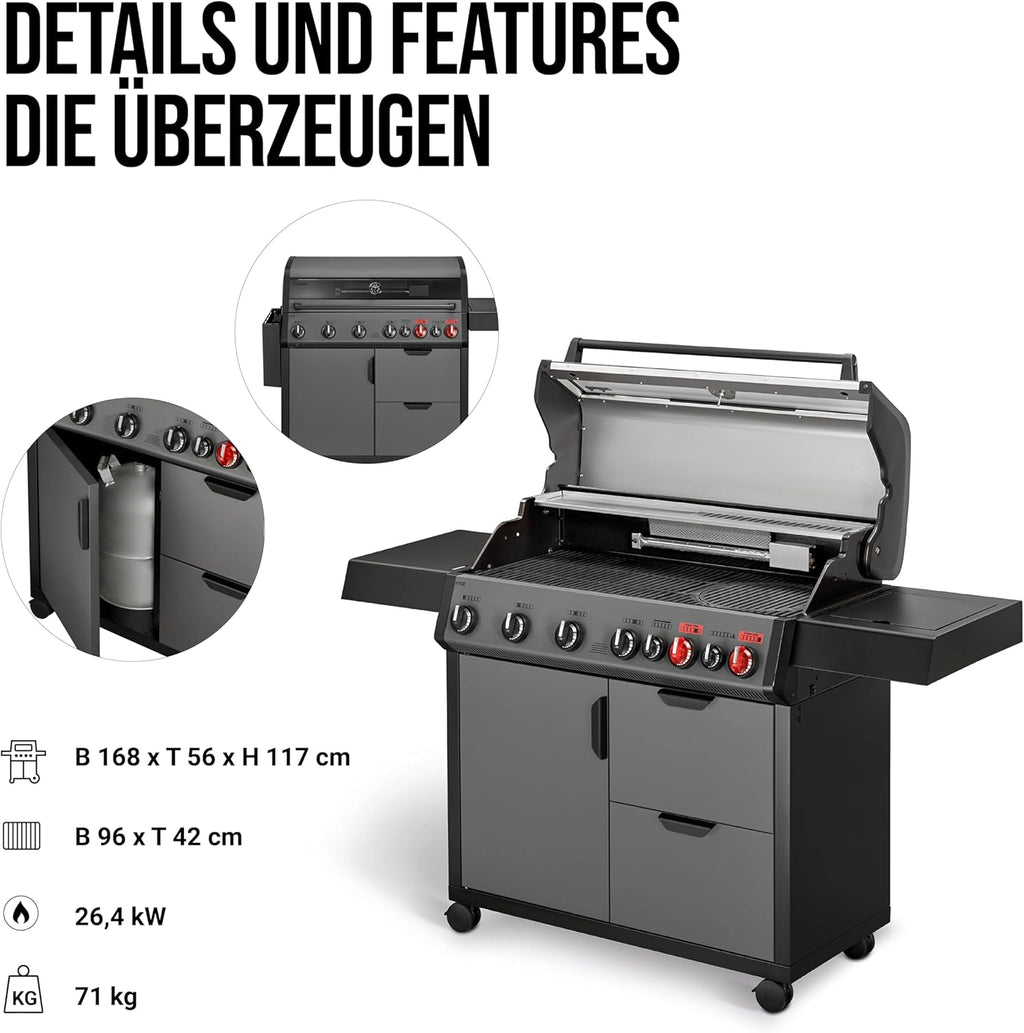 Barbacoa de gas Enders Hyde 6 SIKR Turbo, 6 quemadores de acero inoxidable para un potente asado directo e indirecto, TURBO ZONE de 800 °C, SWITCH GRID, quemador trasero infrarrojo y hornillo lateral n.º 8044