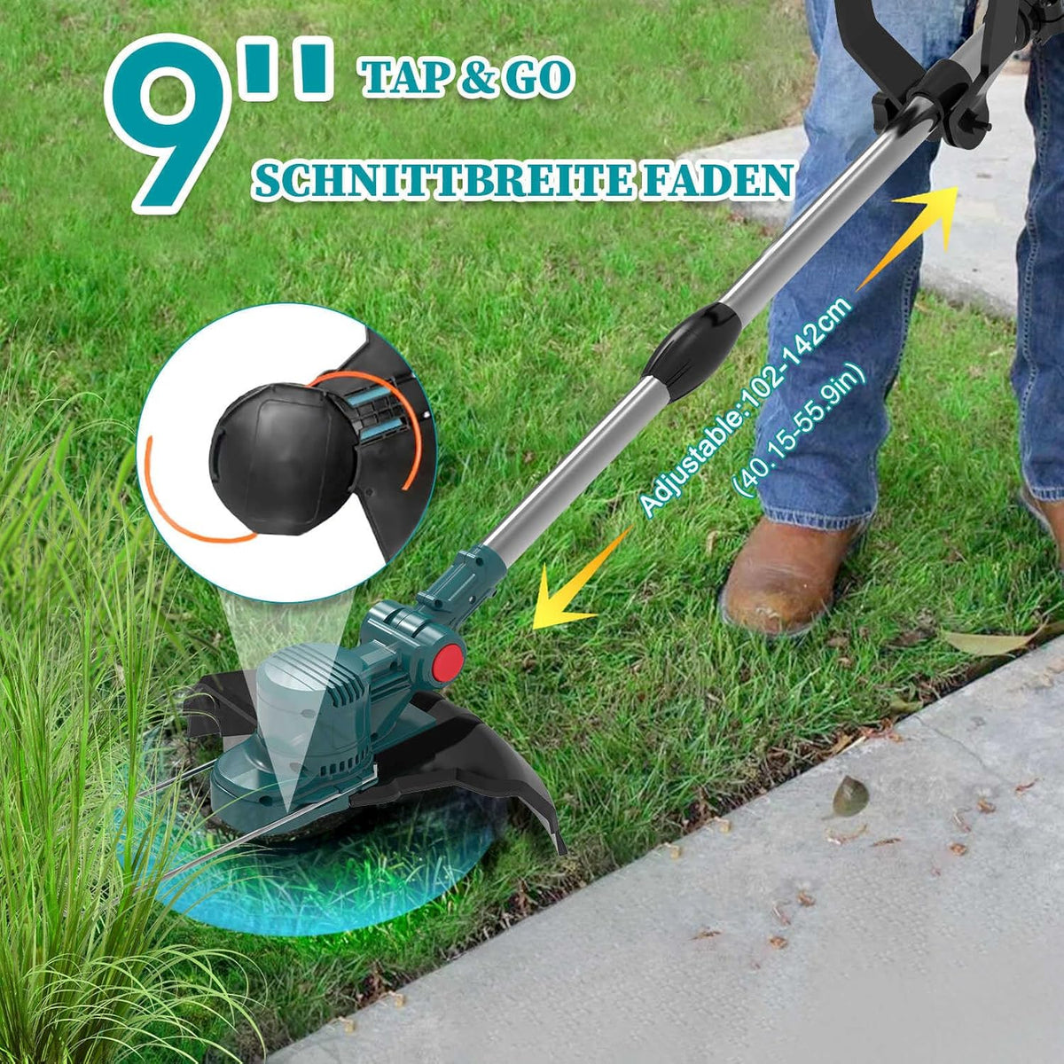 Cortacésped inalámbrico de 21V, cortacésped inalámbrico 4 en 1 compatible con baterías Makita, cortacésped con cepillo para malas hierbas, desbrozadora y motoguadaña incl. cabezal de hilo TAP-N'-GO, 2 baterías de 4.0Ah, motor sin escobillas de 750W