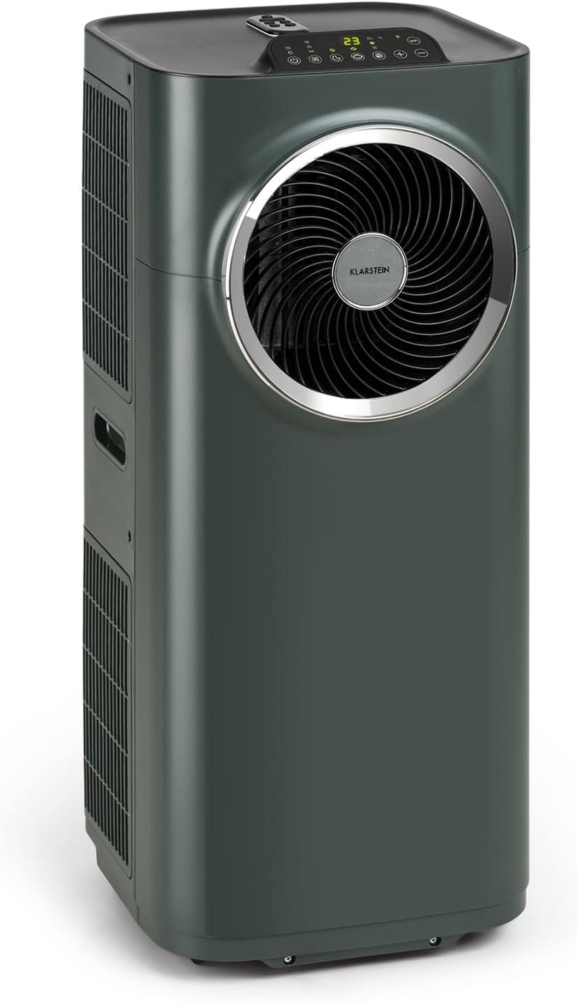 Acondicionador de aire portátil Klarstein con manguera de escape, unidad de climatización 5 en 1, ventilador, deshumidificador, purificador de aire y modo nocturno, control por aplicación, pequeño y portátil, para hogar y oficina, 12000 BTU