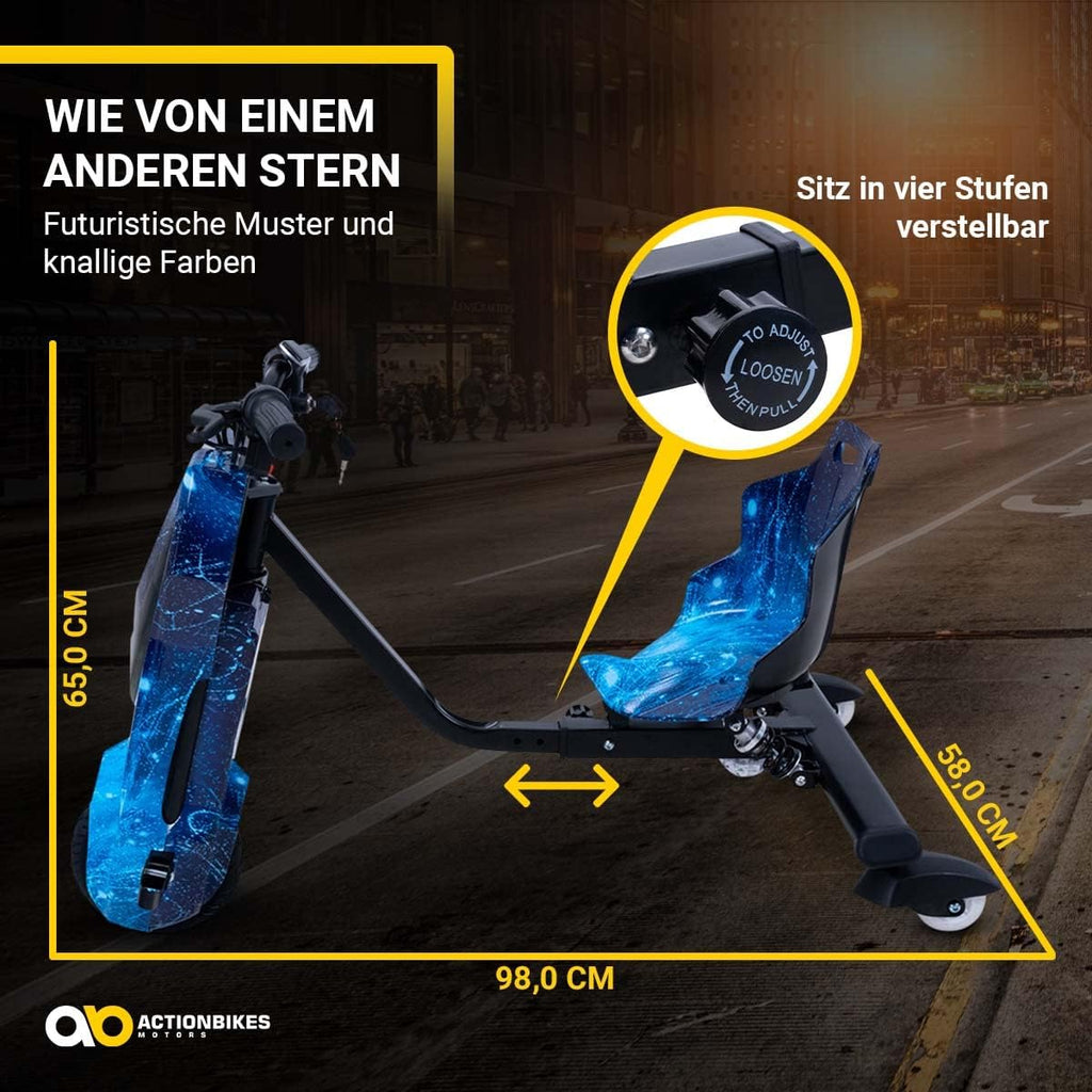 Actionbikes Motors Patinete Eléctrico Infantil para Derrapes | Motor de 𝟐𝟓𝟎 W - Carrito de Derrape 360° - 3 Niveles de Velocidad - Iluminación LED - Asiento Ajustable - Bluetooth - Kart de Derrape - Coche de Derrape (Space Purple)