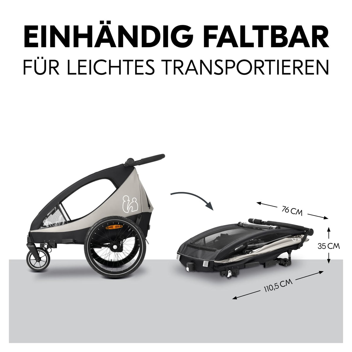 hauck Remolque de bicicleta y cochecito Dryk Duo Plus con suspensión, para 2 niños (6-48 meses), incluye barra de tiro, rueda de cochecito, bandera y luz LED, plegable, altura ajustable, maletero XL (verde oscuro)