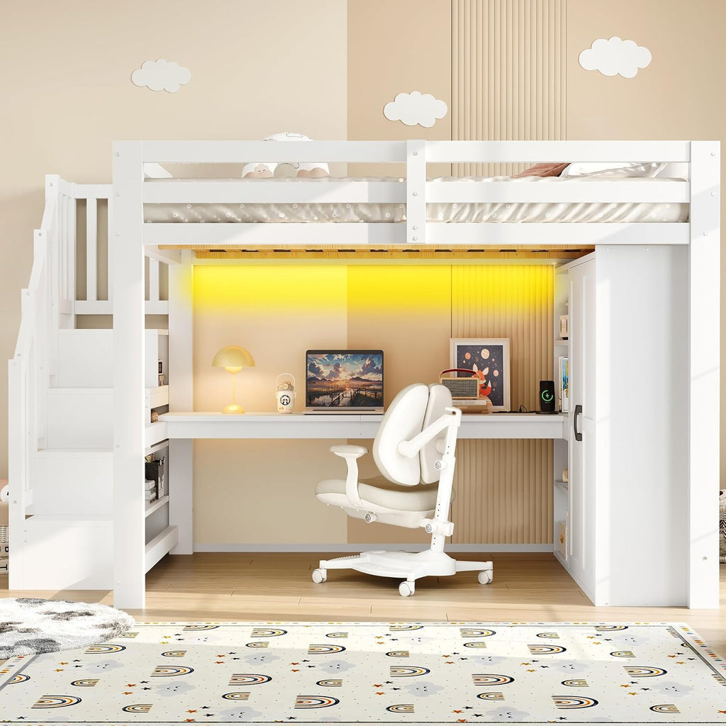 Cama alta de 140x200 con escritorio y estantería, armario, escalera con almacenaje, USB y luces LED, blanco