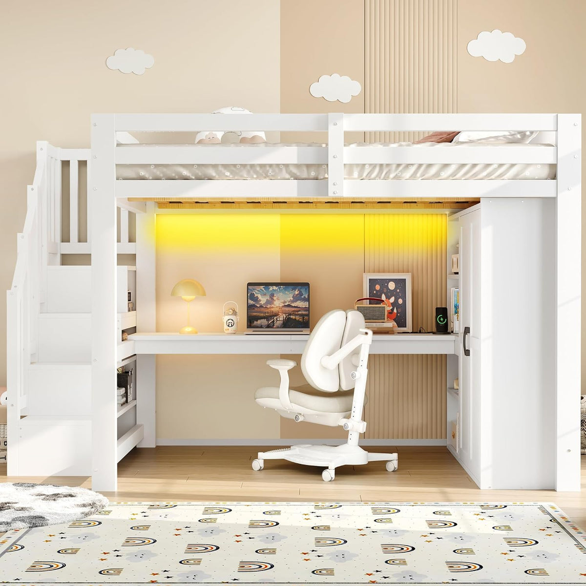 Cama alta de 140x200 con escritorio y estantería, armario, escalera con almacenaje, USB y luces LED, blanco