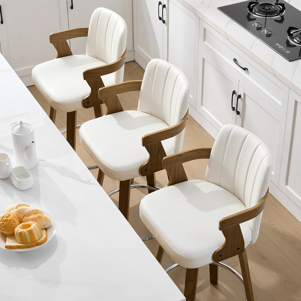 Juego de 2 taburetes de bar giratorios 360° con reposabrazos, altura del asiento de 65 cm, acolchados (7 cm) de piel sintética, silla de bar con patas de madera y reposapiés, taburete de cocina para isla, mostrador y comedor, blanco