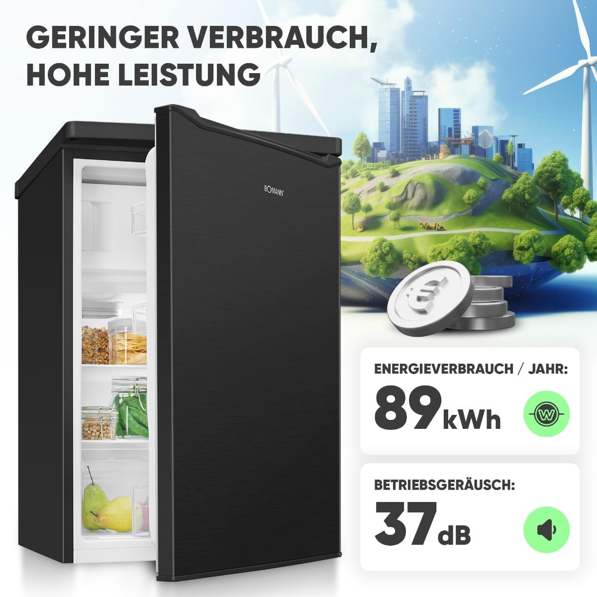 Frigorífico con congelador Bomann® | 109 litros | eficiente energéticamente, silencioso y compacto | 2 estantes, compartimento para frutas y verduras | Congelador de 4 estrellas | Sentido de apertura de puerta reversible | KS 7251 negro