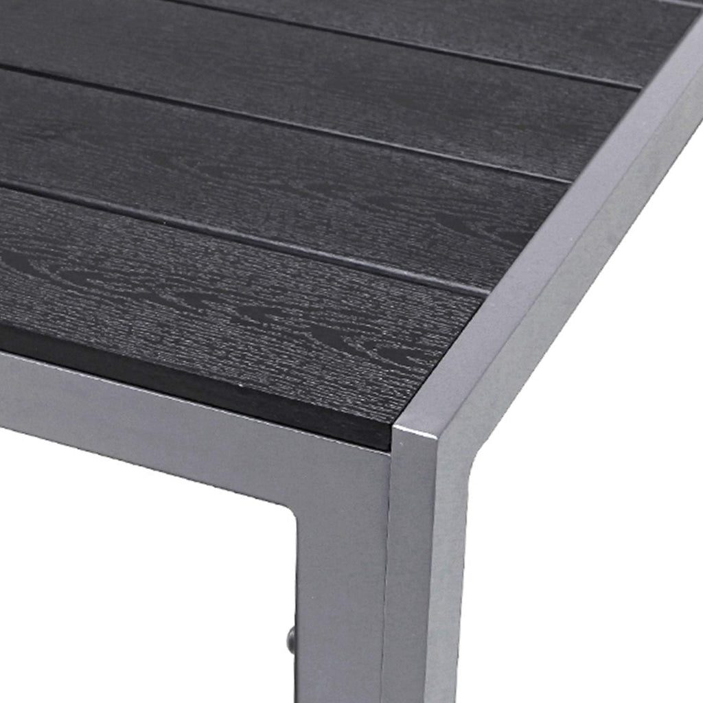 Mesa de jardín XL de aluminio y madera sintética, color plata/negro, mesa de comedor, muebles de jardín, imitación madera, resistente a la intemperie, 180x90x74 cm