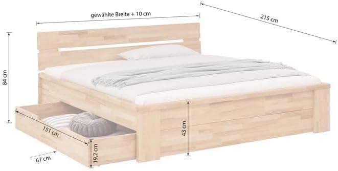 Cama de matrimonio de madera maciza Tamira 140x200 cm, haya natural aceitada con cajones de almacenamiento, altura confortable, encolado tipo parqué, capacidad de carga: 160 kg.