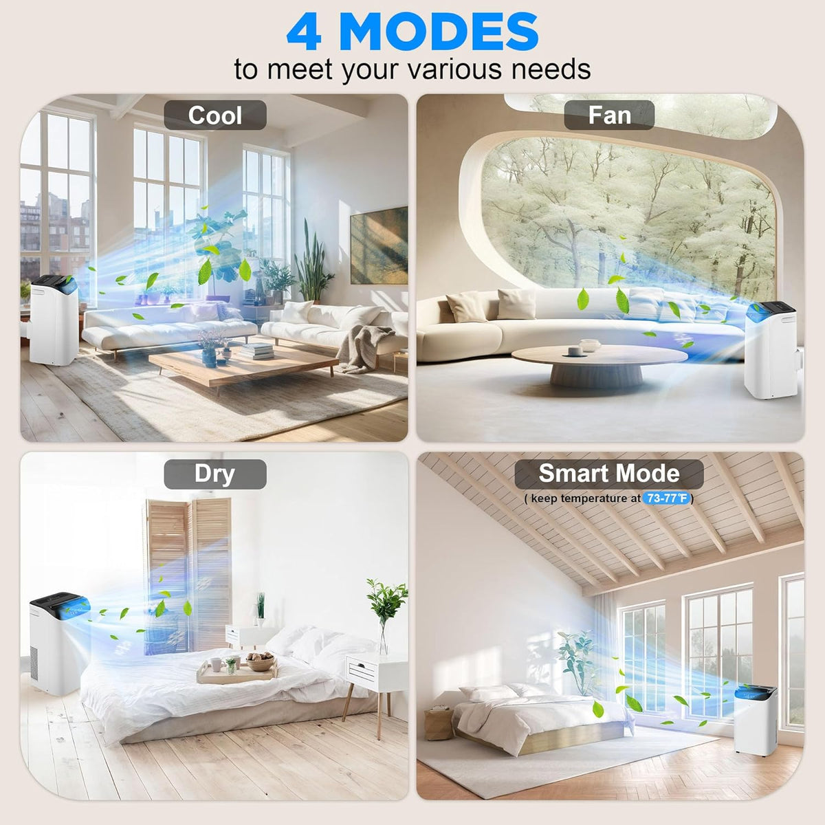 Aire acondicionado portátil de 14000 BTU con mando a distancia, unidad de CA 3 en 1 con ventilador y deshumidificador, enfría habitaciones de hasta 200 m², modo