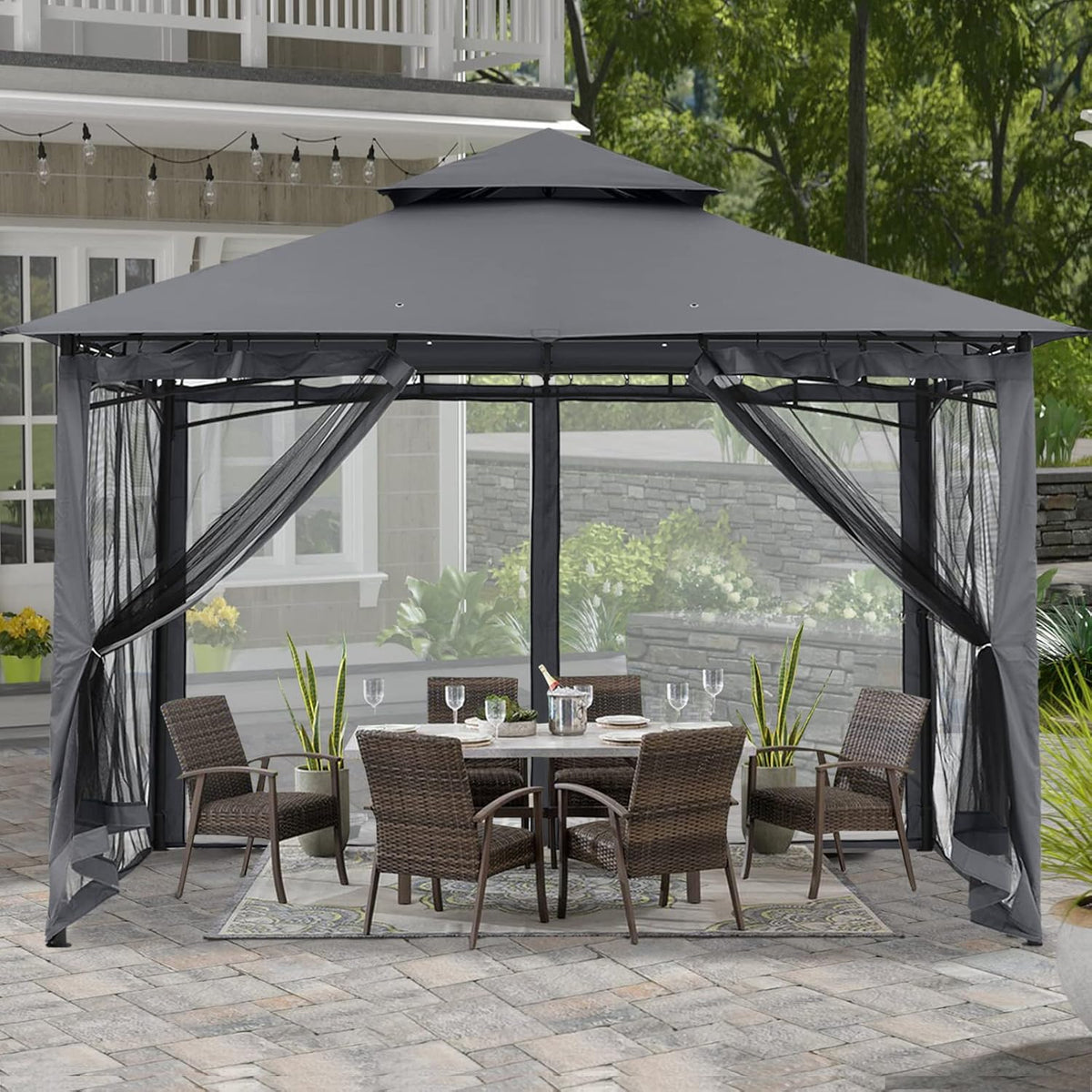 ABCCANOPY Gazebo 2.5x2.5m Impermeable Estable Resistente al invierno, cenador de jardín, techo doble de tela, carpa para fiestas en el patio trasero con malla para sombra y lluvia, Gris