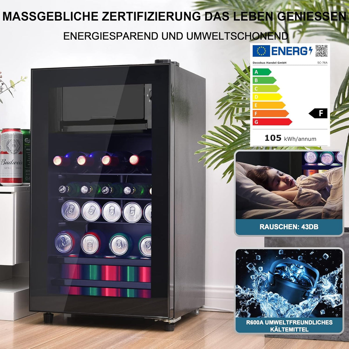 Minirefrigerador Merax de 76 L con compartimento de hielo, capacidad para 51 latas, funcionamiento silencioso, sistema de refrigeración por compresor, bajo consumo energético, estantes ajustables, negro