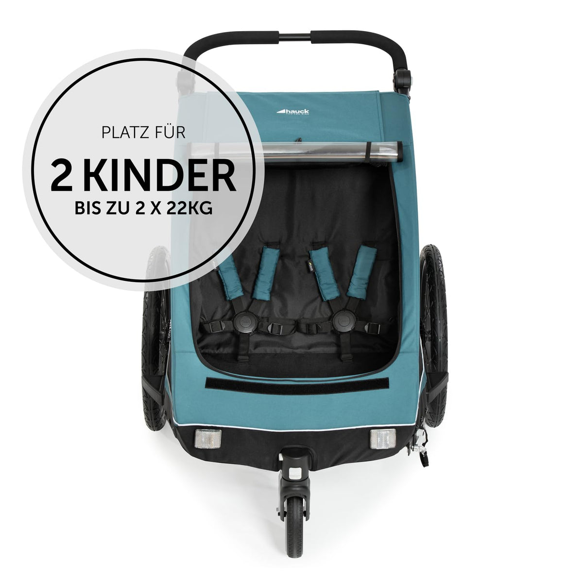 hauck Remolque de bicicleta y cochecito Dryk Duo Plus con suspensión, para 2 niños (6-48 meses), incluye barra de tiro, rueda de cochecito, bandera y luz LED, plegable, altura ajustable, maletero XL (verde oscuro)