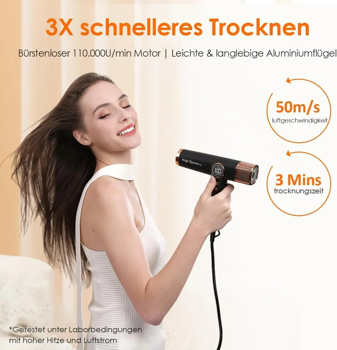 Secador de pelo, motor sin escobillas de 110,000 RPM, 200 millones de iones, pantalla LED, 3 boquillas magnéticas, 1700 W, secado rápido, ligero y silencioso