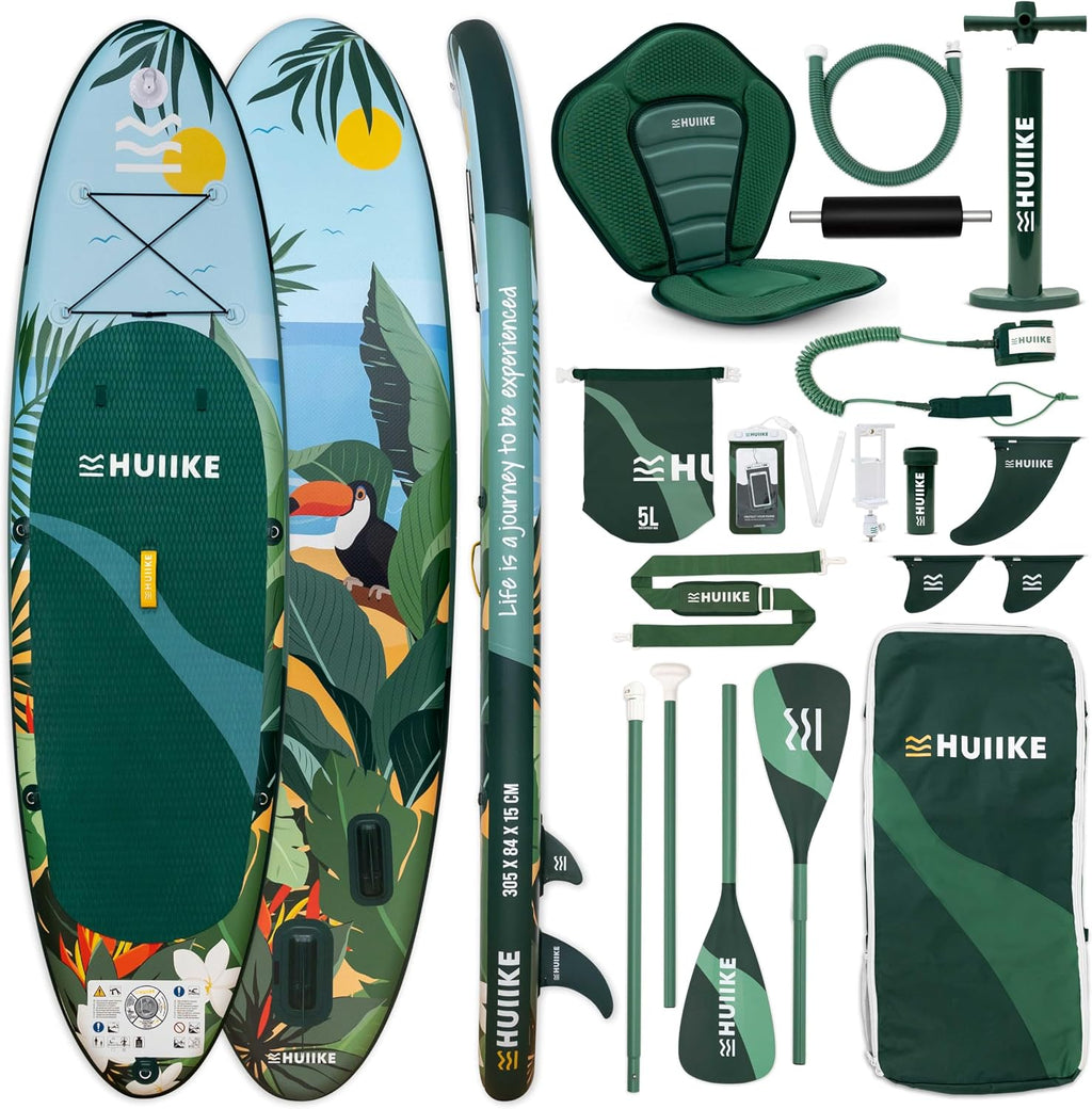 Tabla de Paddle Surf Hinchable HUIIKE con accesorios incluidos, remo, quillas, inflador. Stand Up Paddle Board de gran estabilidad y resistencia. 305 x 84 x 15 cm, soporta hasta 130 kg