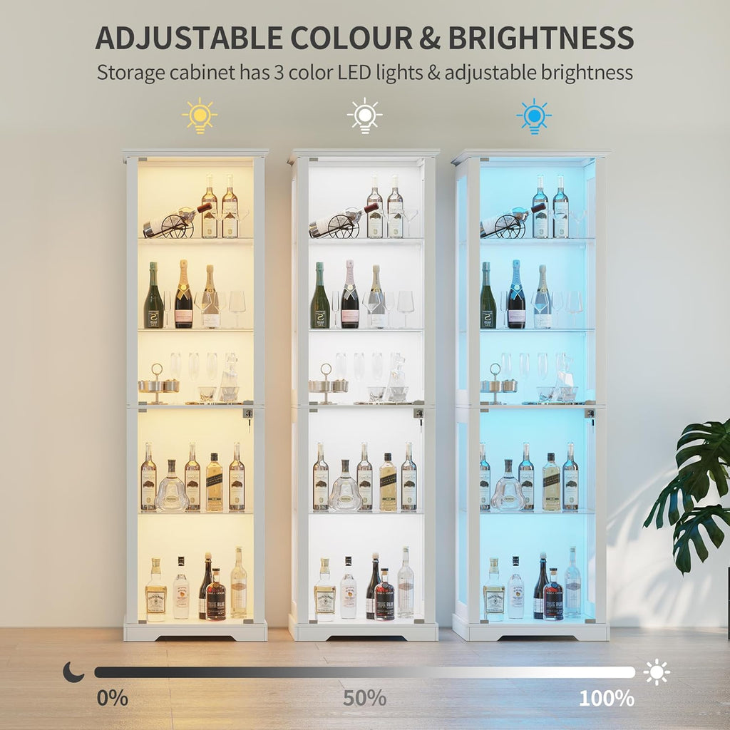 Vitrina de cristal Lvifur con iluminación LED y puertas de cristal para salón y dormitorio, 40×50×180 cm, armario vitrina de 5 niveles con sensor inteligente para objetos de colección, vino, blanco