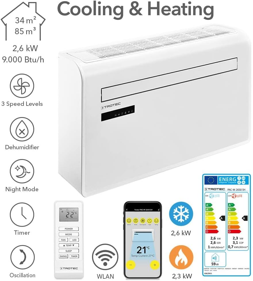 Acondicionador de aire de pared TROTEC PAC-W 2650 SH – Aire acondicionado 4 en 1 sin unidad exterior con función de calefacción, potencia frigorífica de 2,6 kW, control por aplicación WiFi, tecnología inverter, para habitaciones de hasta 34 m²