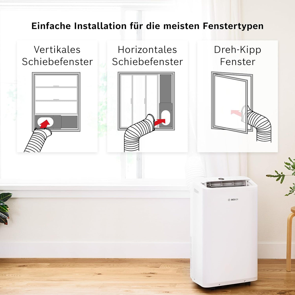 Acondicionador de aire móvil Bosch Cool 4000 - 3 en 1: aire acondicionado, deshumidificador, ventilador - 2,6 kW para habitaciones de hasta 35 m² - Con modo automático, modo silencioso y modo de suspensión