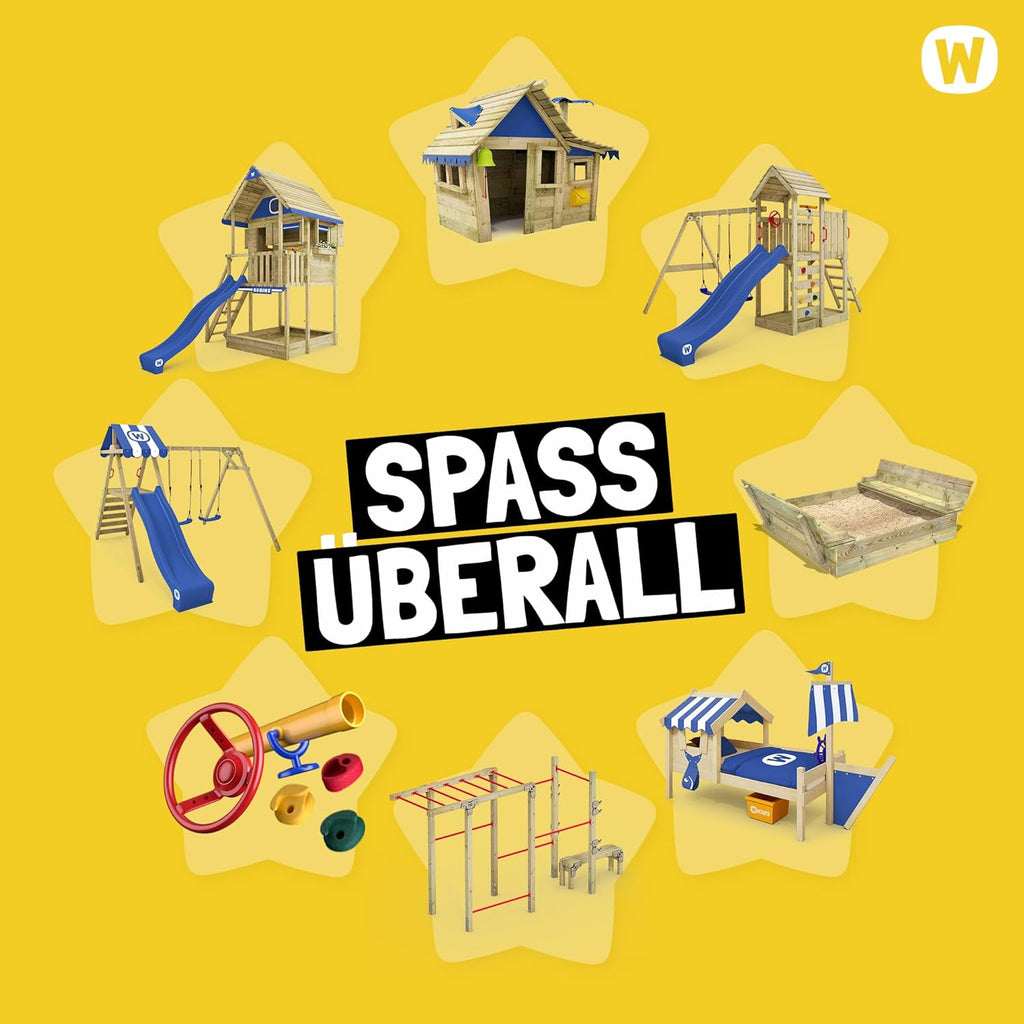 Torre de juegos con columpio y tobogán azul SeaFlyer de WICKEY, torre de escalada para niños al aire libre con arenero, escalera y accesorios de juego para el jardín