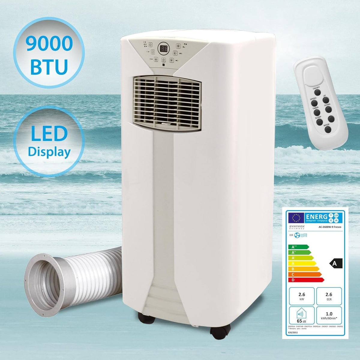 Acondicionador de aire móvil Syntrox 9000 BTU Fresco | Aire acondicionado portátil | Deshumidificador, con control remoto y función de temporizador, refrigeración eficiente, modo de suspensión integrado