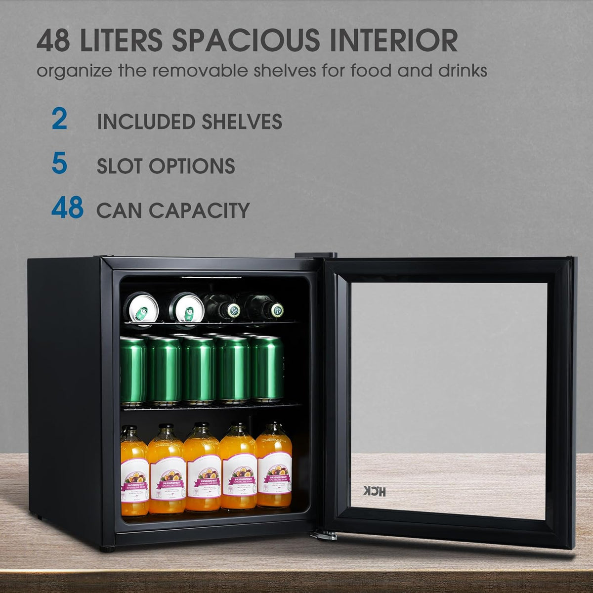 Mininevera silenciosa HCK de 48 L, pequeño refrigerador de 0-15 °C para dormitorio, puerta de cristal transparente, minibar para cocina, negro