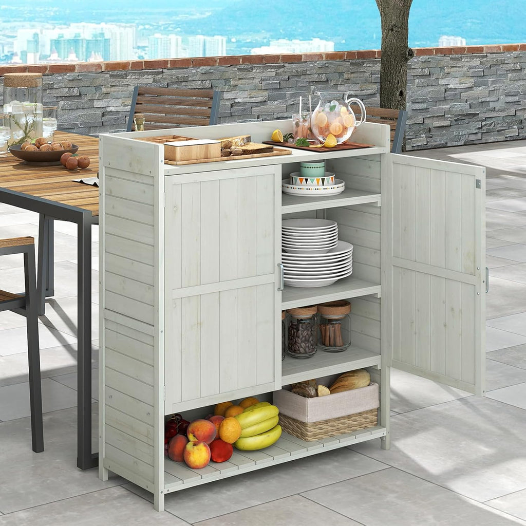 Mesa de cultivo COSTWAY para exterior resistente a la intemperie, mesa de jardinería de madera, mesa para plantas con armario inferior, cubo de basura y estante ajustable, mesa de jardín para patio y terraza, 102 x 43,5 x 152 cm, natural