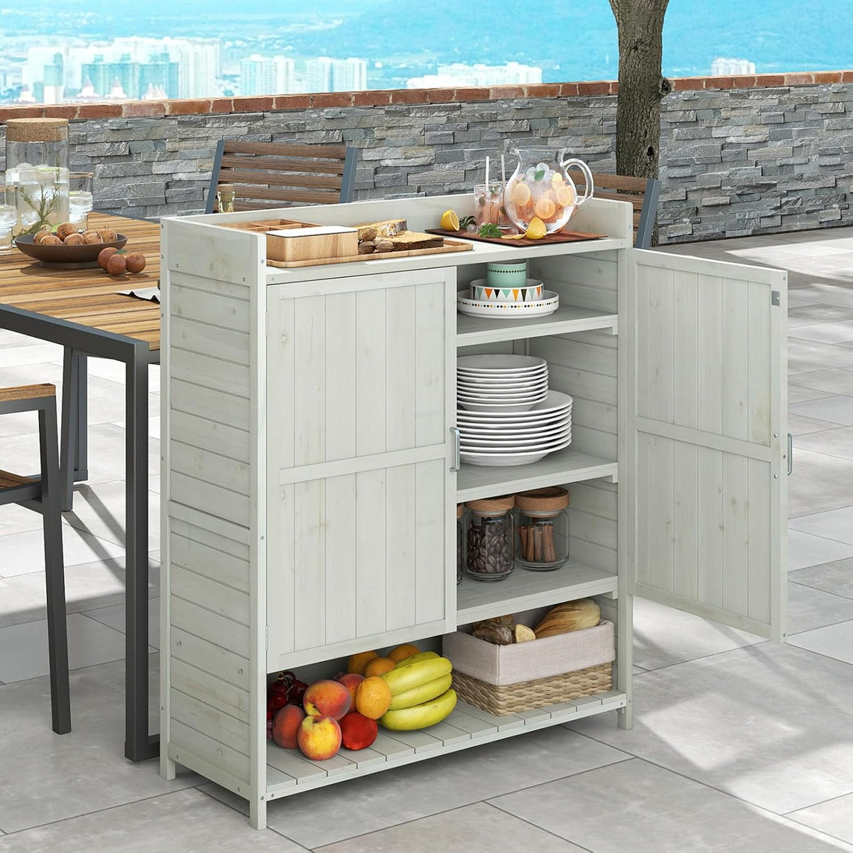 Mesa de cultivo COSTWAY para exterior resistente a la intemperie, mesa de jardinería de madera, mesa para plantas con armario inferior, cubo de basura y estante ajustable, mesa de jardín para patio y terraza, 102 x 43,5 x 152 cm, natural