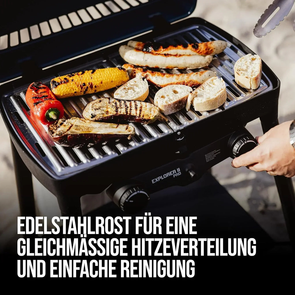 Barbacoa de gas Explorer II Pro 2108 con 2 quemadores de acero inoxidable de 4,4 kW, termómetro de barbacoa, barbacoa de mesa para camping con parrilla