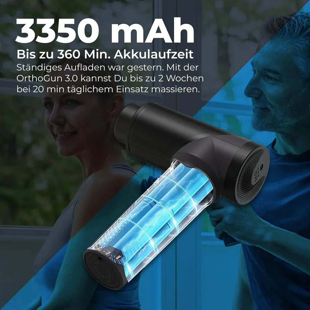 Pistola de masaje OrthoGun 160W con aplicación, 5 intensidades, 7 cabezales de masaje, estuche de transporte, autonomía de batería hasta 360 min