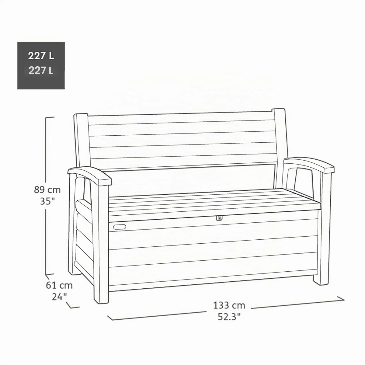 Banco de jardín 130x60x85 cm, banco de almacenamiento resistente a la intemperie, 227 L de espacio de almacenamiento, diseño de madera de palisandro, dos plazas