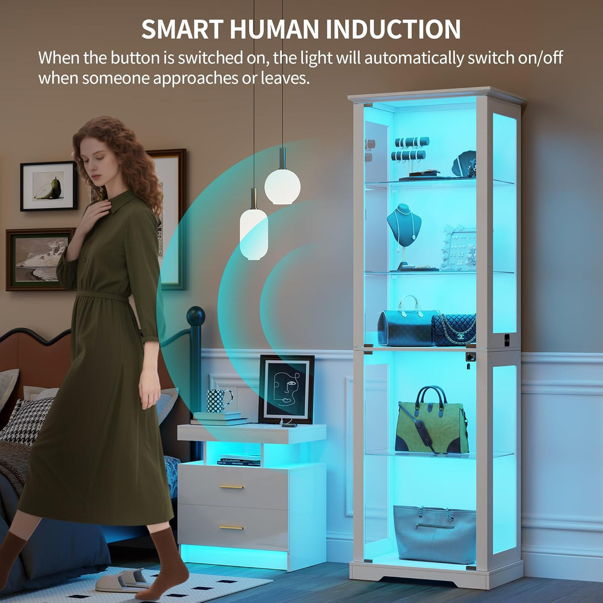 Vitrina de cristal Lvifur con iluminación LED y puertas de cristal para salón y dormitorio, 40×50×180 cm, armario vitrina de 5 niveles con sensor inteligente para objetos de colección, vino, blanco