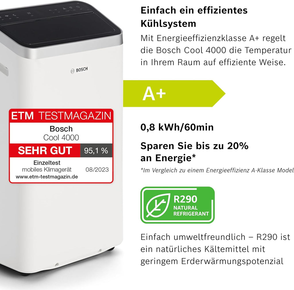 Acondicionador de aire móvil Bosch Cool 4000 - 3 en 1: aire acondicionado, deshumidificador, ventilador - 2,6 kW para habitaciones de hasta 35 m² - Con modo automático, modo silencioso y modo de suspensión