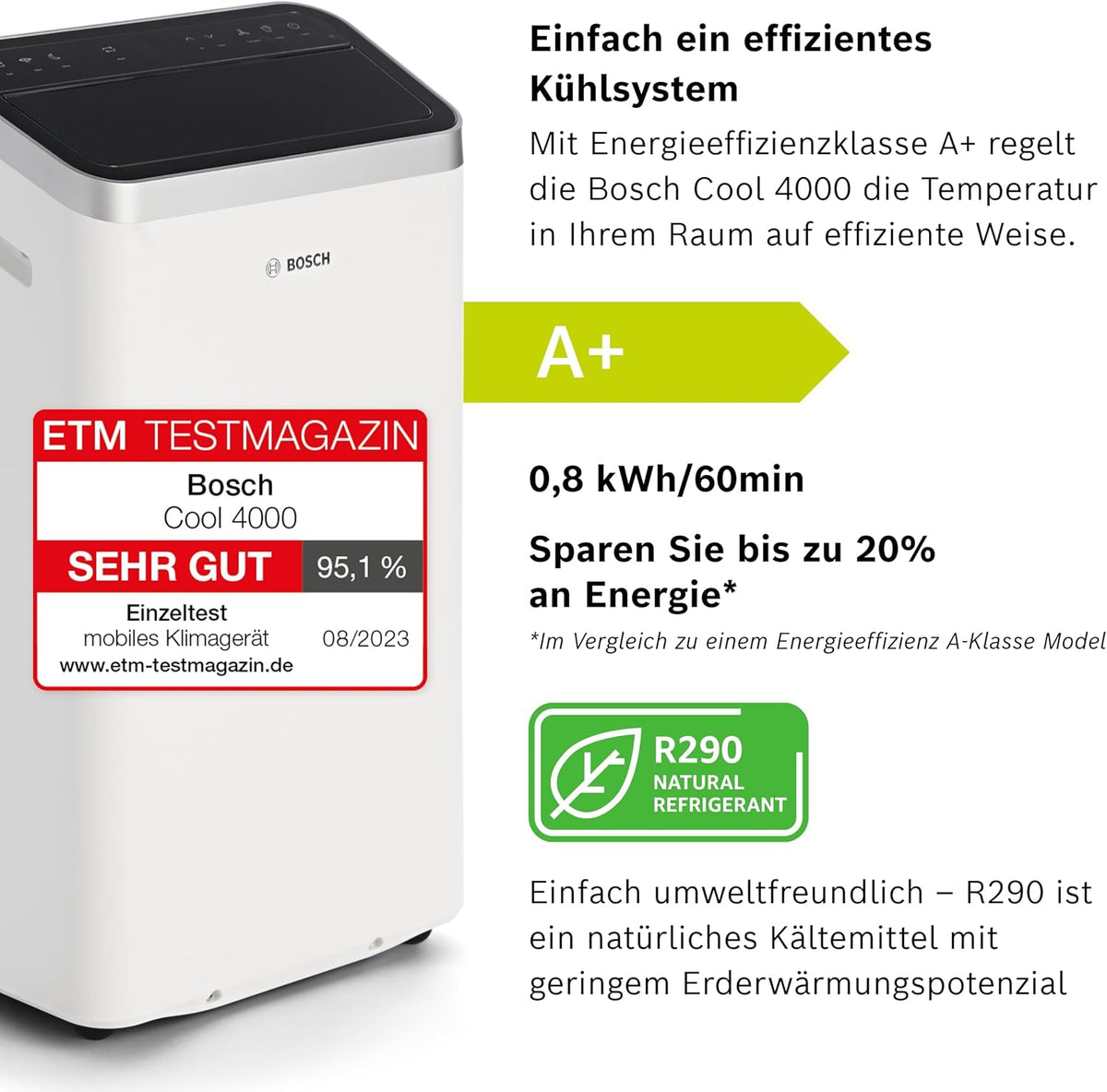 Acondicionador de aire móvil Bosch Cool 4000 - 3 en 1: aire acondicionado, deshumidificador, ventilador - 2,6 kW para habitaciones de hasta 35 m² - Con modo automático, modo silencioso y modo de suspensión