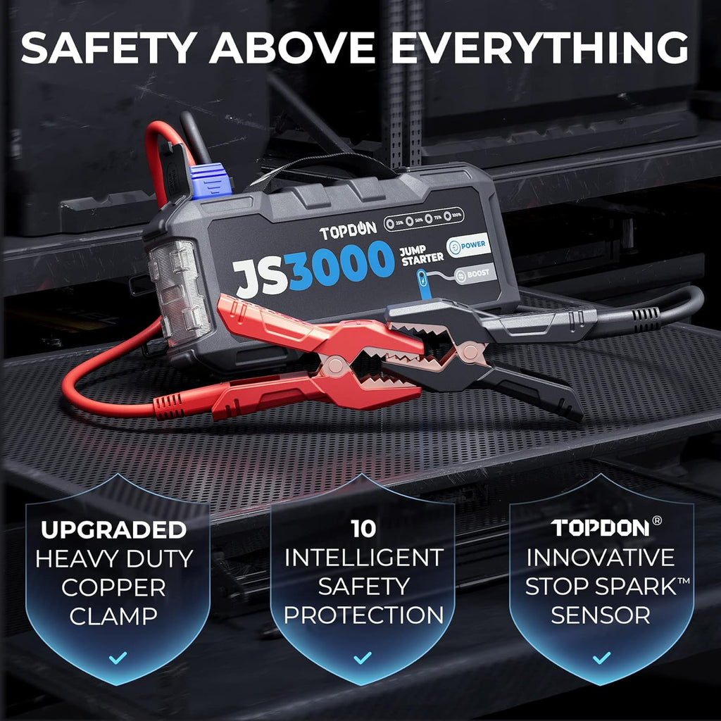 TOPDON Arrancador de batería, JS3000 Arrancador de coche 3000A/24000mAh para motores diésel de hasta 9 L y de gasolina de 7 L, carga rápida USB, linterna LED integrada