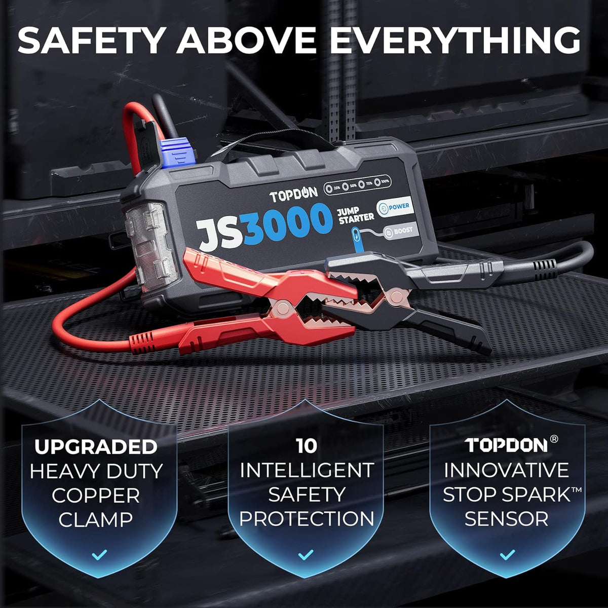 TOPDON Arrancador de batería, JS3000 Arrancador de coche 3000A/24000mAh para motores diésel de hasta 9 L y de gasolina de 7 L, carga rápida USB, linterna LED integrada
