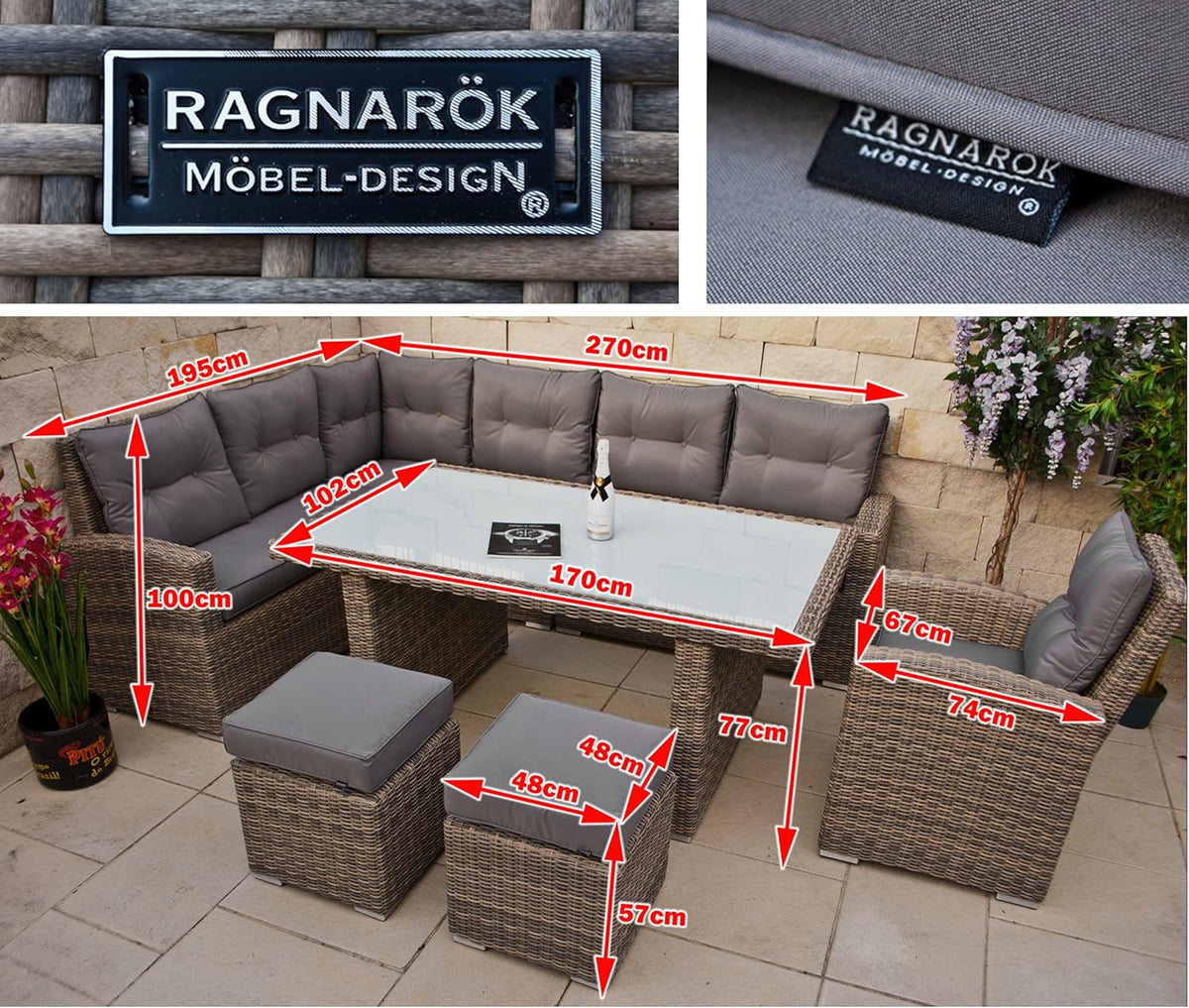 Ragnarök-Möbeldesign - Muebles de comedor altos - Fabricantes ALEMANES - 8 años de GARANTÍA - Producción PROPIA - Conjunto de comedor de jardín de ratán sintético, sillones, ratán redondo color natural, gris