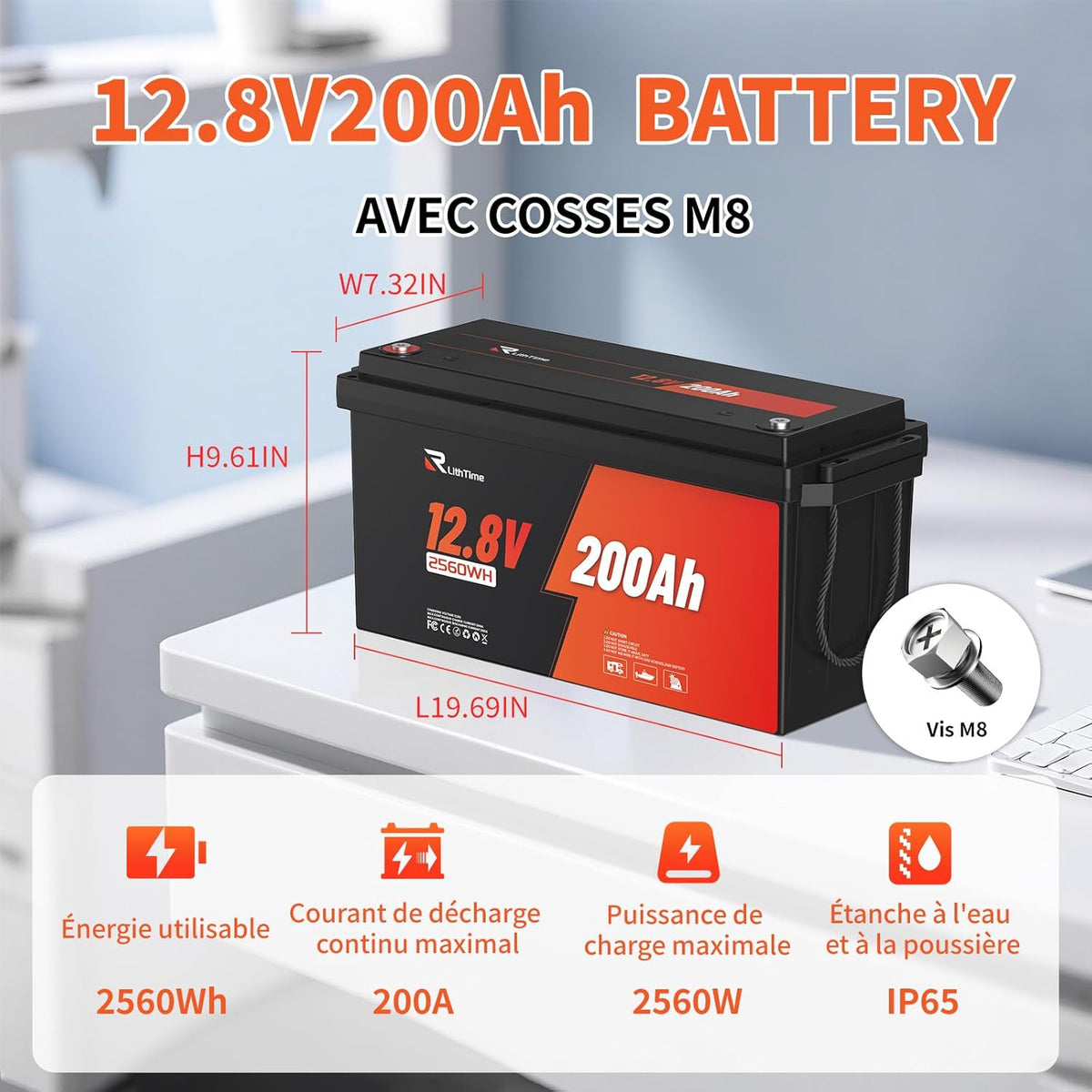Batería LiFePO4 de 12V y 200Ah, batería de litio con 98% de eficiencia, BMS de 200A, IP65, 4500-16000 ciclos, autodescarga del 3% para sistemas solares, aplicaciones marinas y fuera de la red.
