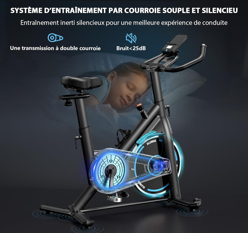 Bicicleta estática, bicicleta estática conectada a aplicaciones SLUNSE con pantalla, bicicleta estática para el hogar con resistencia magnética ajustable, asiento acolchado y ajuste de altura, capacidad de carga de 180 kg