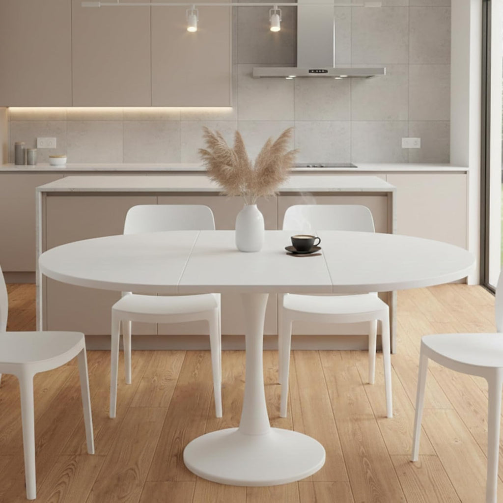 Mesa de comedor redonda extensible, 100/140x100x75 cm, mesa de comedor elíptica de madera para 2-8 personas, mesa de centro para cena, sala de estar y comedor (completamente blanca)