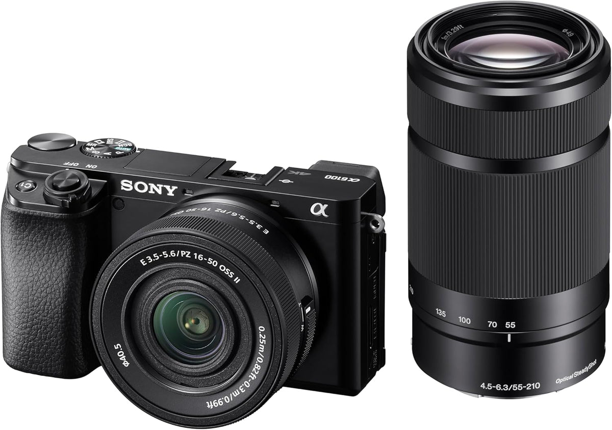 Alpha 6100 | Cámara mirrorless APS-C | Kit con objetivos 16-50mm y 55-210mm | Enfoque automático rápido de 0,02s con seguimiento ocular para personas y animales, grabación de vídeo 4K y pantalla inclinable