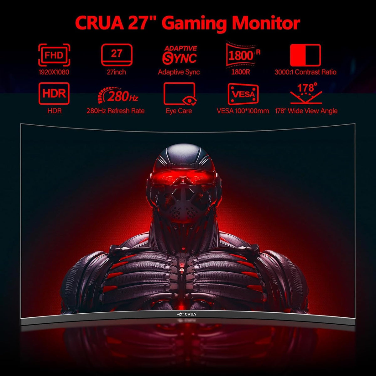 Monitor gaming curvo CRUA de 27 pulgadas, 280 Hz, monitor para PC FHD 1080P 1800R, 1 ms GTG con FreeSync, baja desenfoque de movimiento, protección ocular, VESA, DisplayPort, HDMI, negro