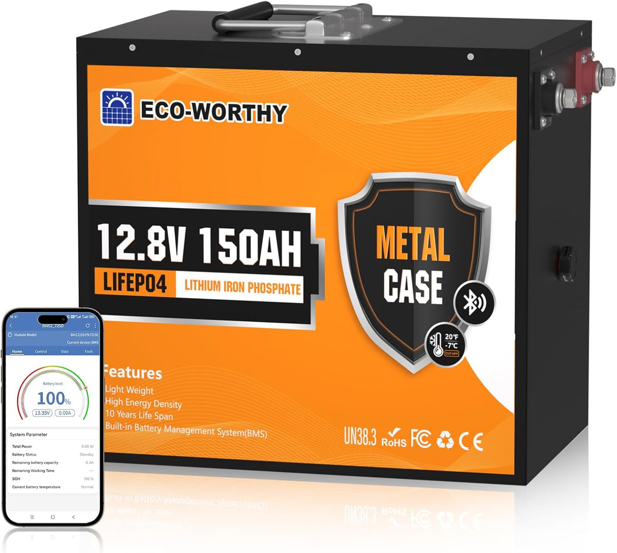 Batería de litio ECO-WORTHY Bluetooth 12V 150Ah con protección de baja temperatura, 1920Wh LiFePO4 12V 150Ah Bluetooth, batería LiFePO4 para autocaravana